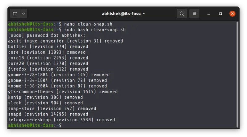 Removing old snap package versions