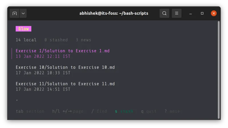 With -a option, Glow finds and displays all Markdown files in current directory