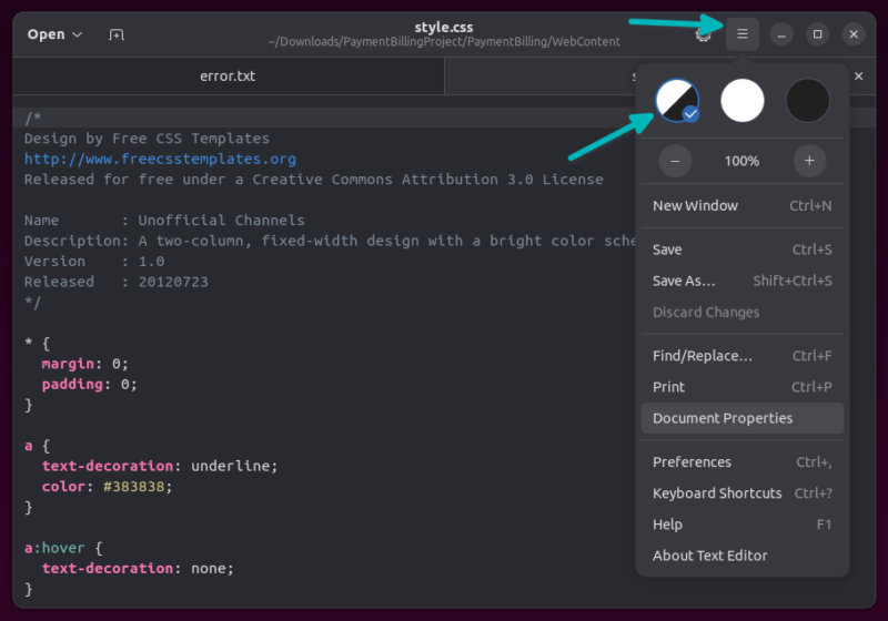 System theme option gnome text editor