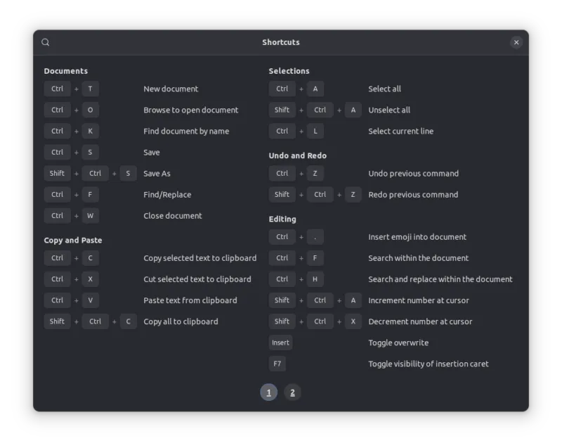 Keyboard shortcuts in Text Editor