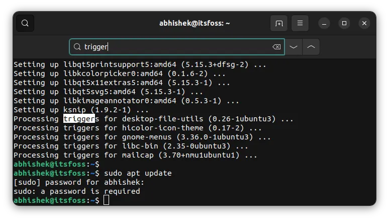 GNOME 控制台中的搜索操作