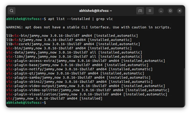 list installed packages vlc ubuntu