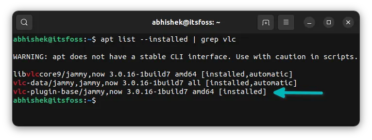 listing installed packages after removing vlc