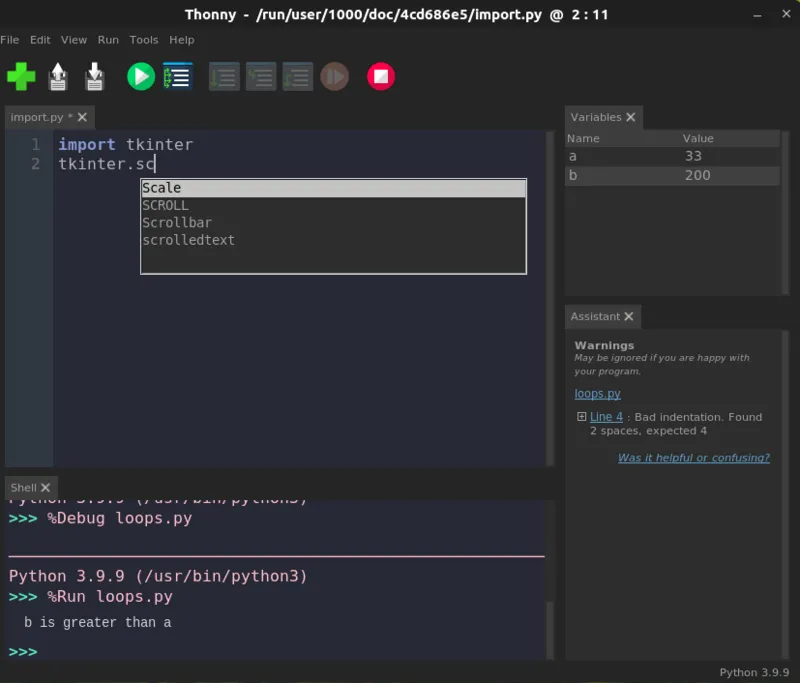 thonny auto complete