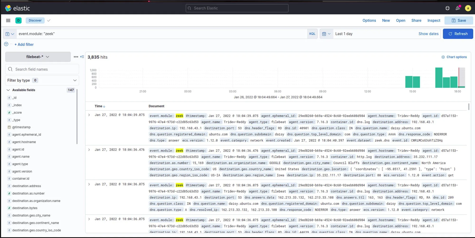 Figure 7: Filtered data by event.module query