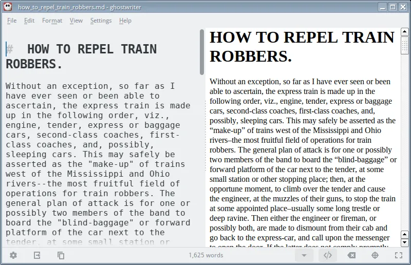 在 Ghostwriter 中查看原始的 Markdown 文件