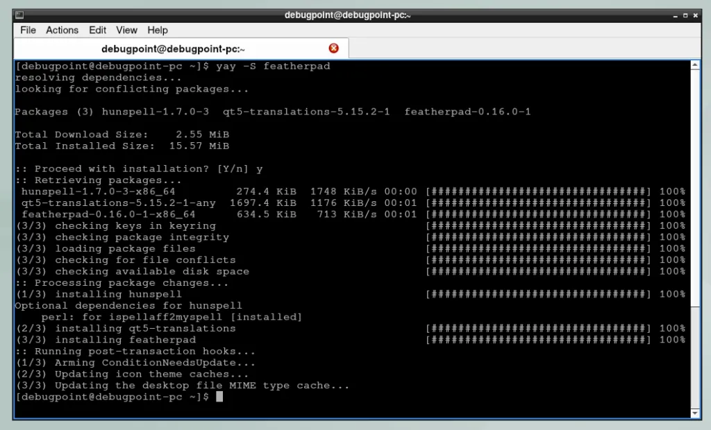 Install a sample application (featherpad) using yay