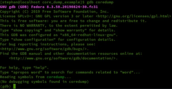 gdb coredump output