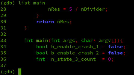 gdb output list main