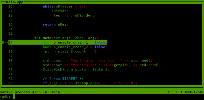 gdb output break at main