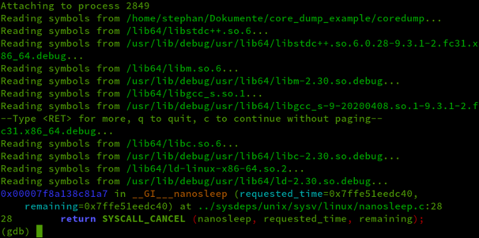 attach GDB to coredump