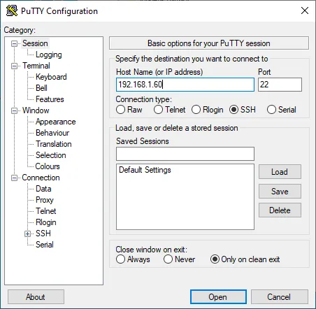 PuTTY configuration screen
