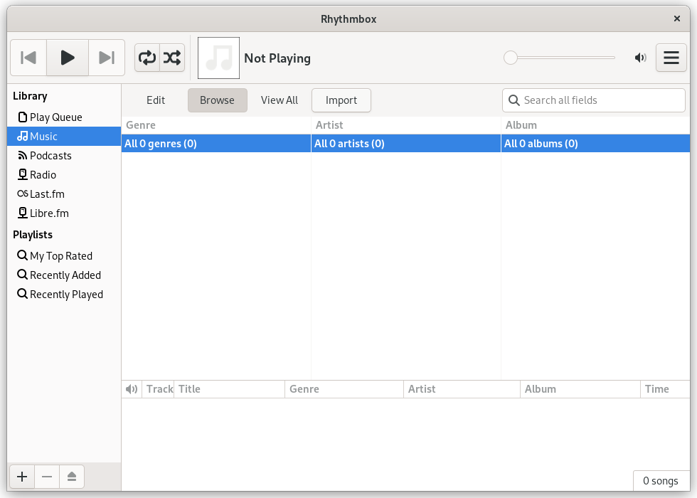 Use the Import button to add music to Rhythmbox
