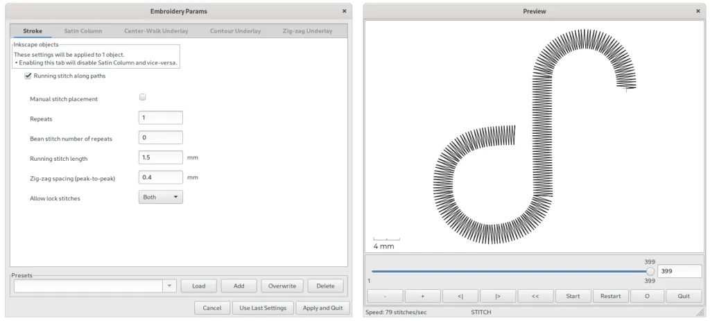 Parameter setting dialogue and on the right the Fedora logo shape embroidered as Zig-Zag line