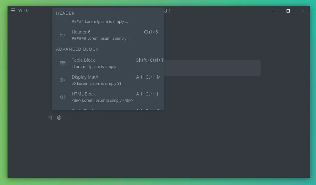 Use various document elements in the editor by pressing @