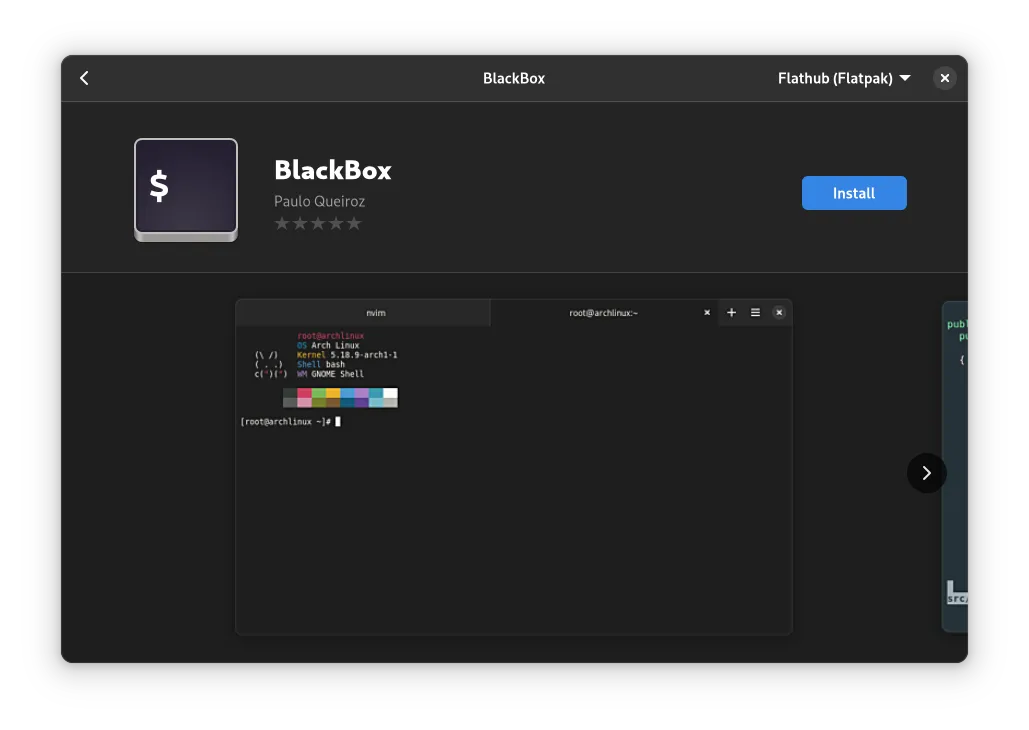 Blackbox can also be installed in GNOME Software Center