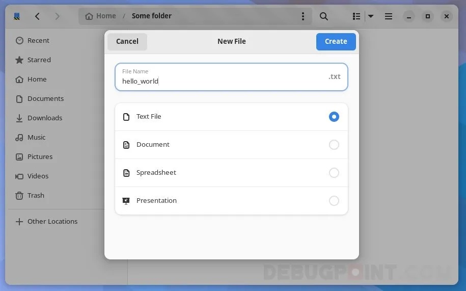 GNOME Files New File Action Dialog