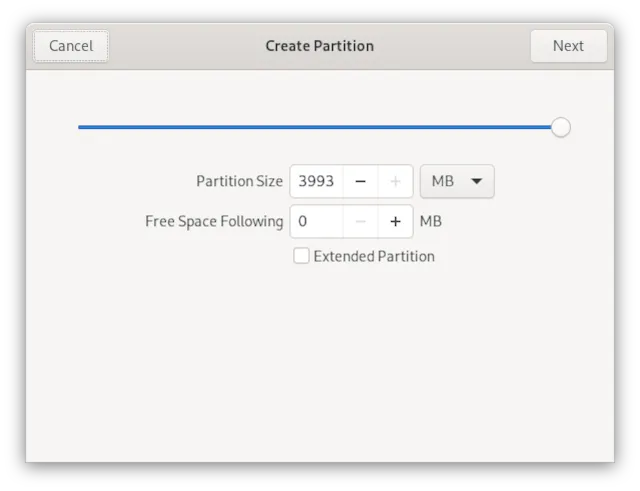Creating a new partition and setting size