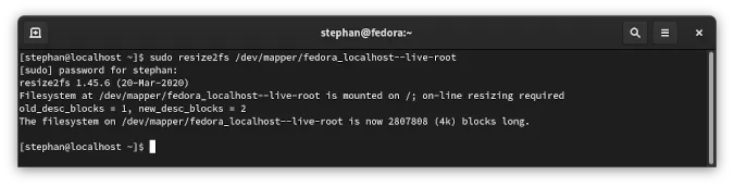 resize2fs command output
