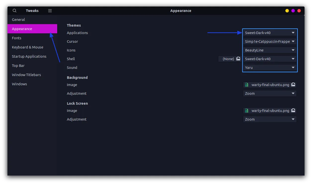 set themes with gnome tweaks