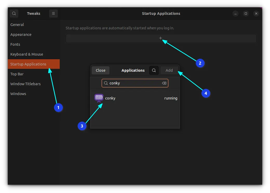 add conky to the list of startup applications