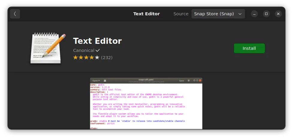 Gedit 也可以在 Ubuntu 的 Snap 商店中找到