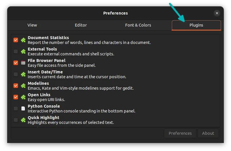 查看 Gedit 中可用和已安装的插件