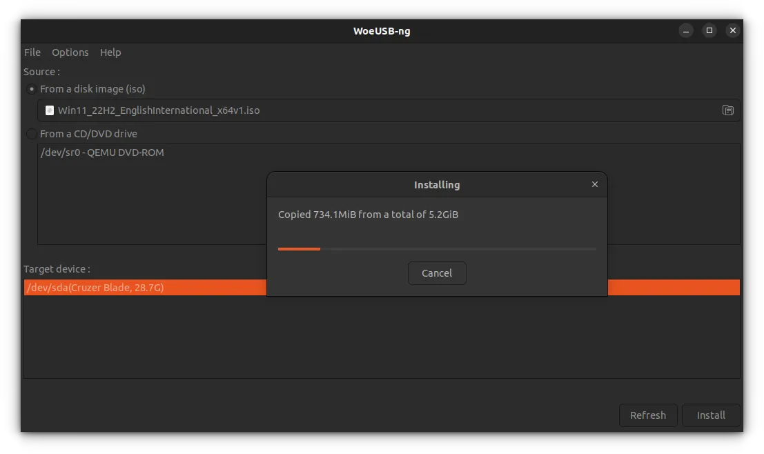 woeusb writing windows iso to the usb drive