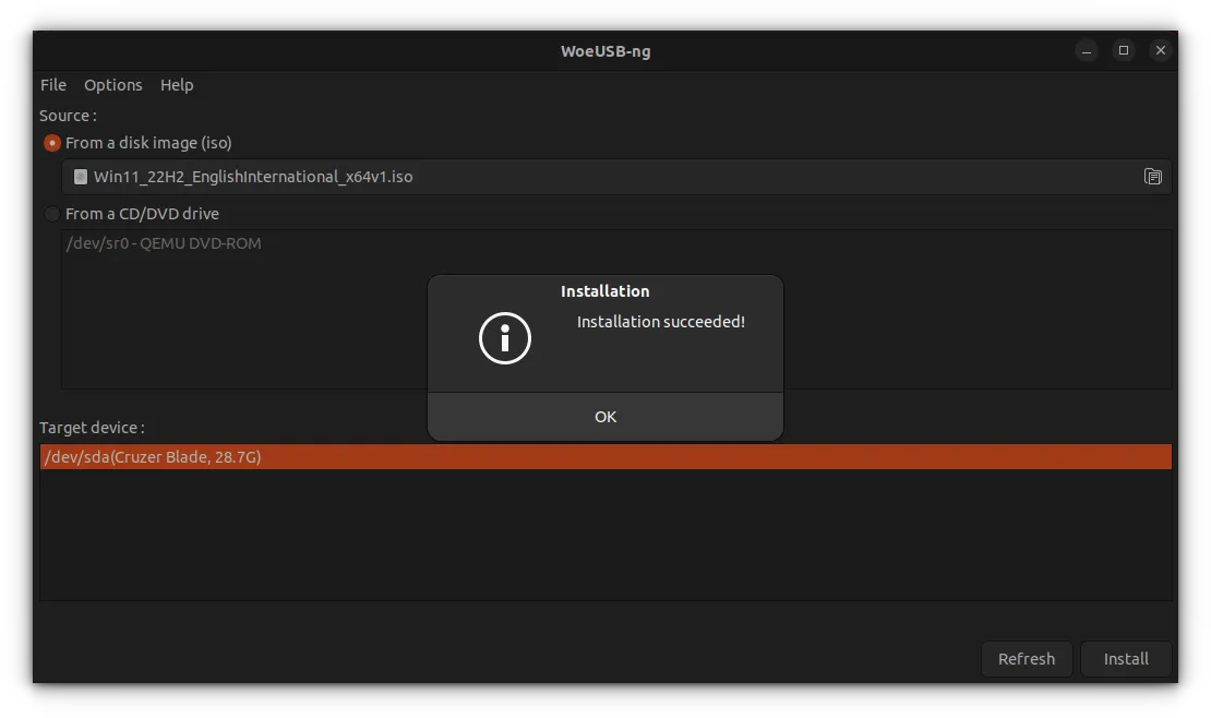 woeusb completed writing and gives a success message