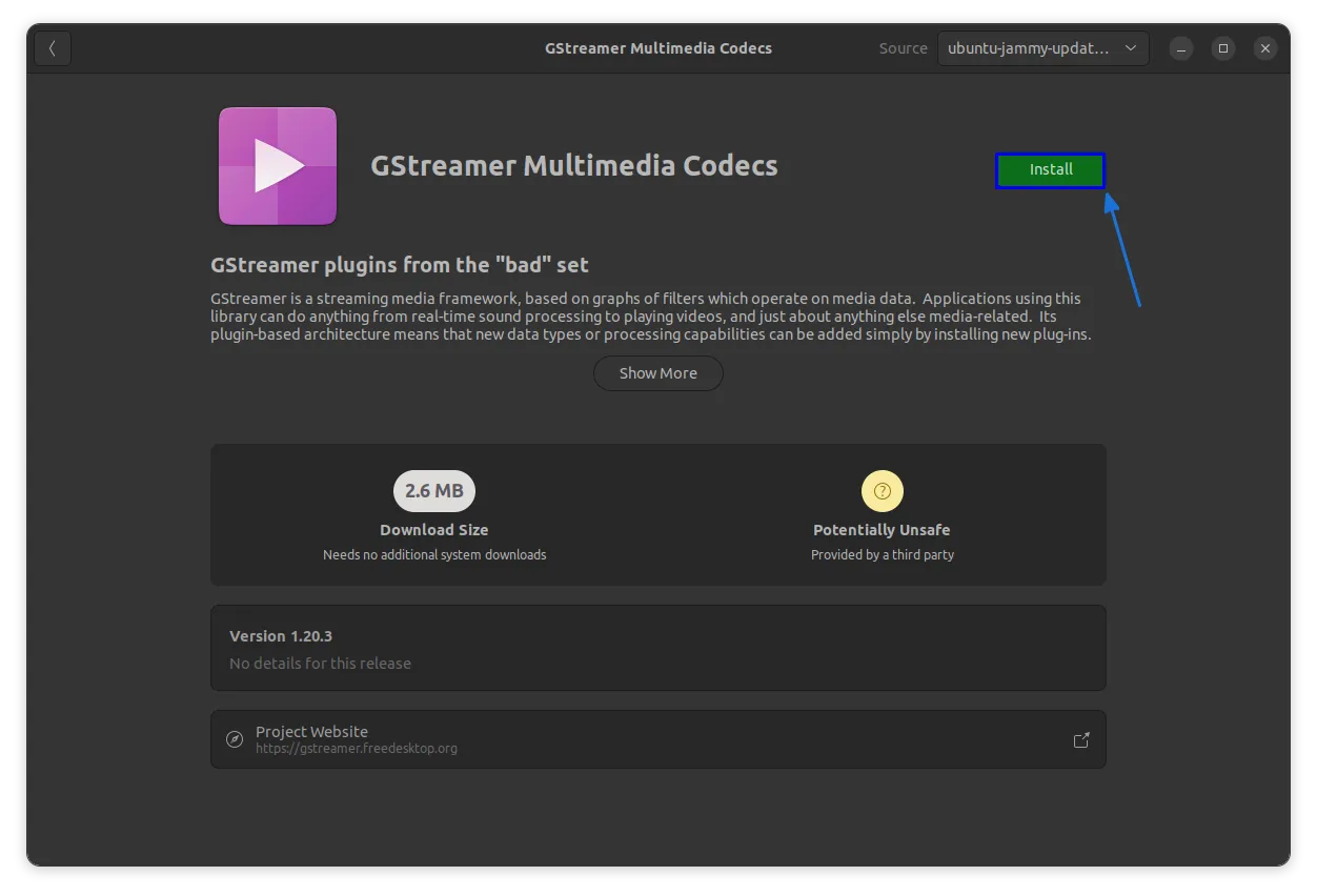 根据 GNOME 视频播放器的提示从软件中心安装 gstreamer