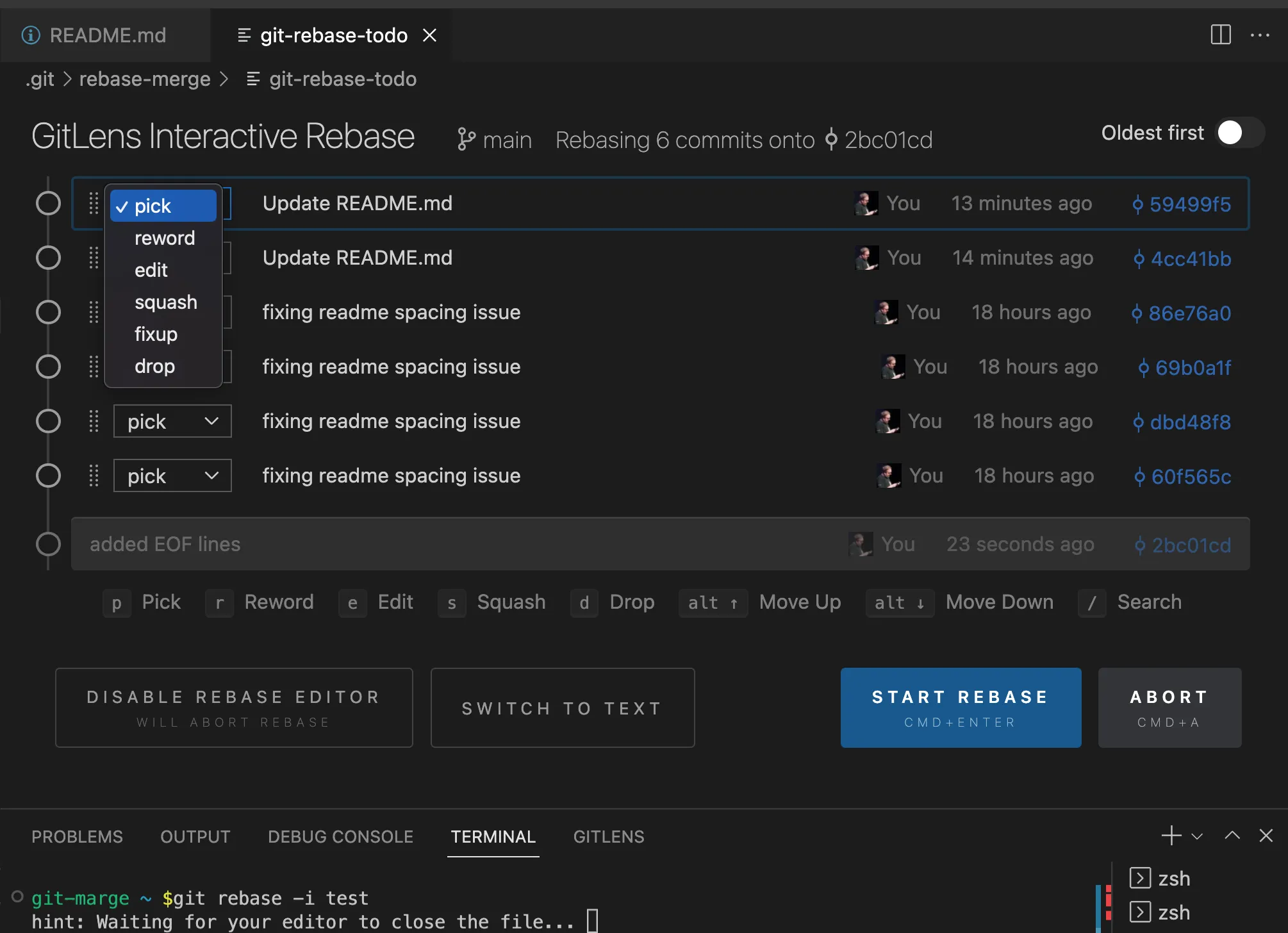 Image of the Git lens interactive Rebase tool in VS Code.