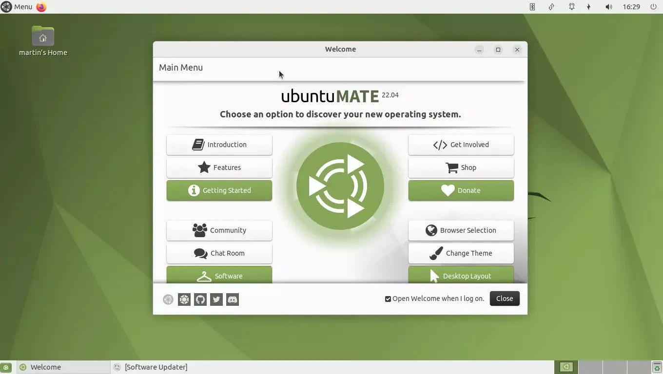 Ubuntu MATE 截图,欢迎屏幕提供了各种选项,以获得良好的开机体验