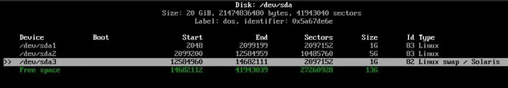 cfdisk 中的最终分区列表
