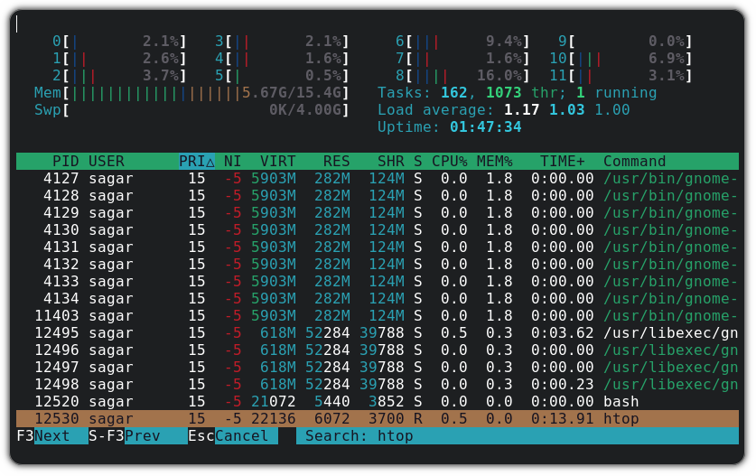 在 htop 中搜索进程