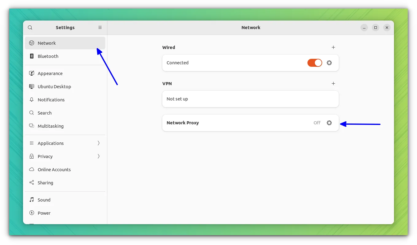 Select the gear icon adjacent to the Network proxy section
