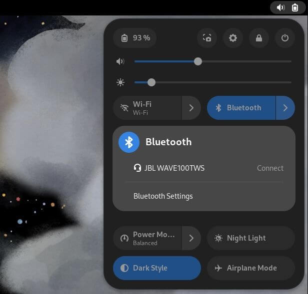 GNOME 44 快速设置面板中的蓝牙设置截图