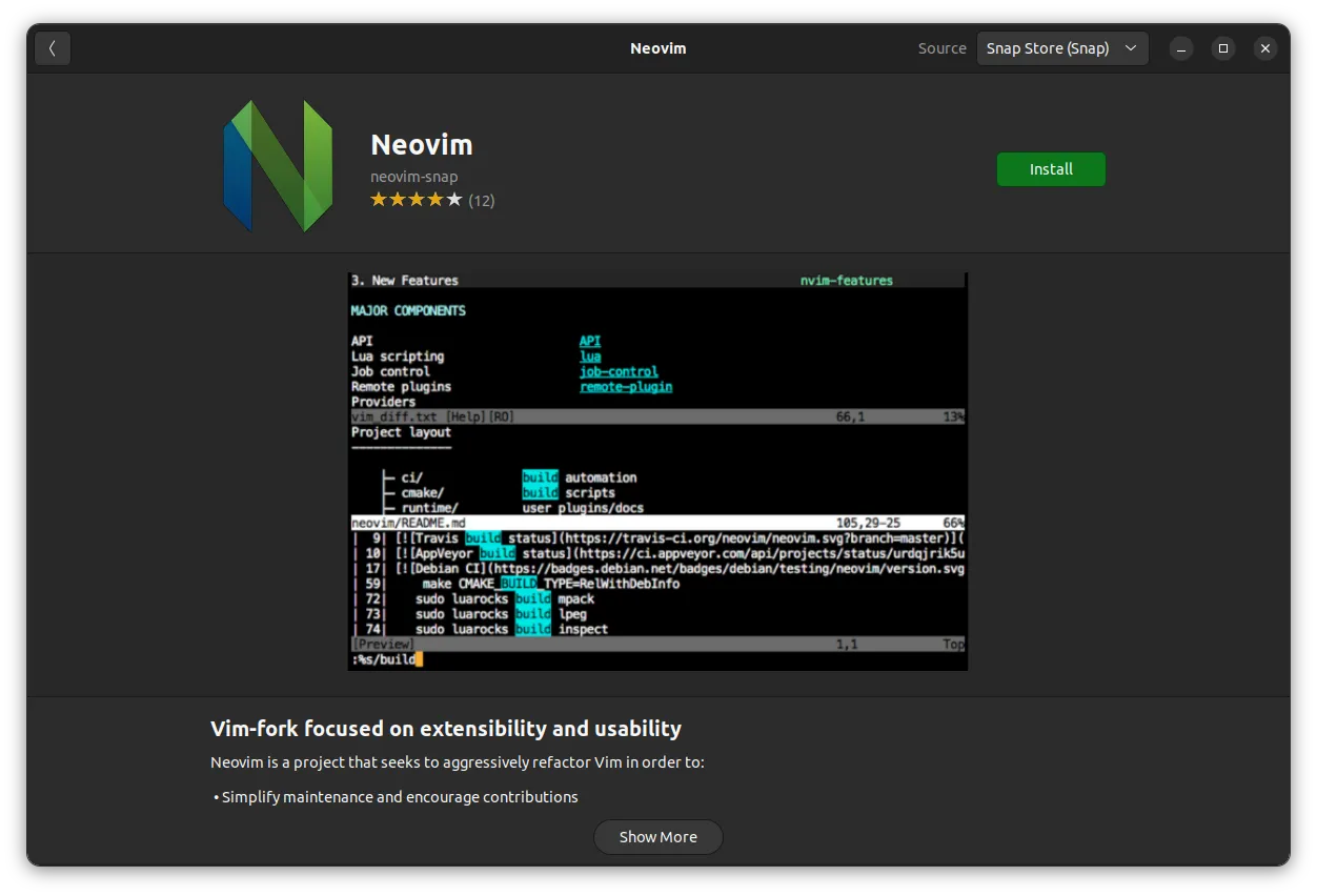 neovim listed on ubuntu software center