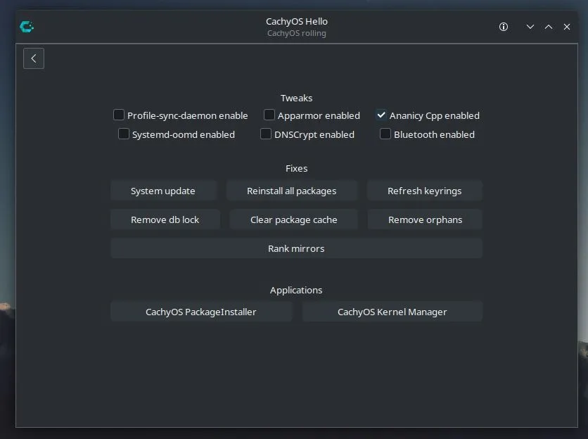 cachyos hello welcome screen tweak options