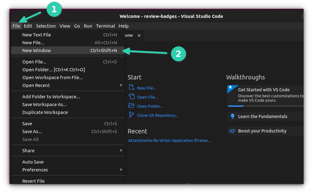 Open a new window in VS Code