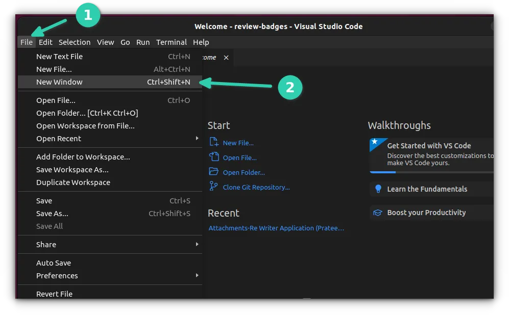 Open a new window in VS Code