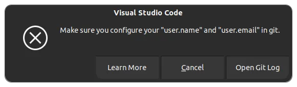 Error in VS Code if Git username and email is not set