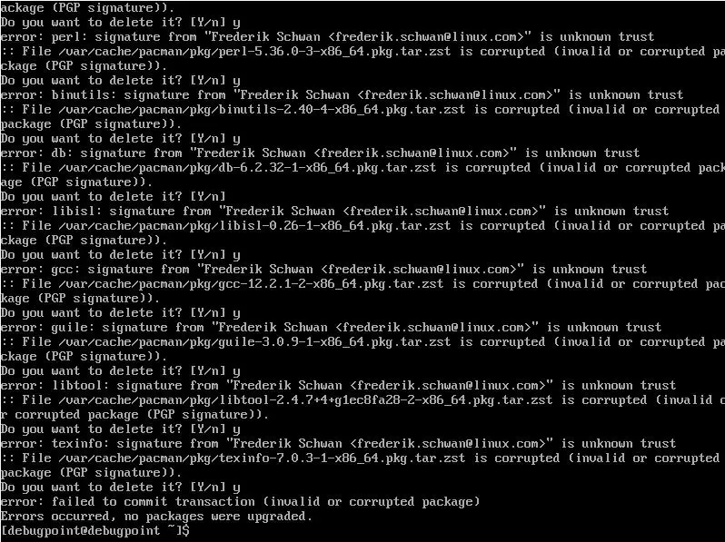 Arch Linux 中无效或损坏的包错误示例