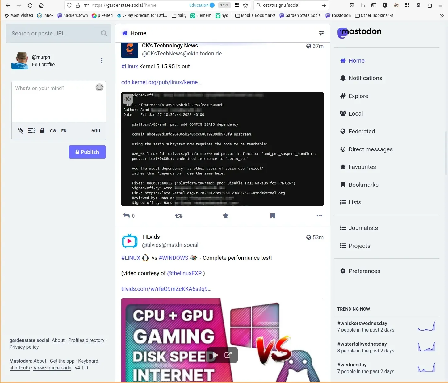 Mastodon 网页客户端具有一个中央面板,用于显示你的定制网络中的活动