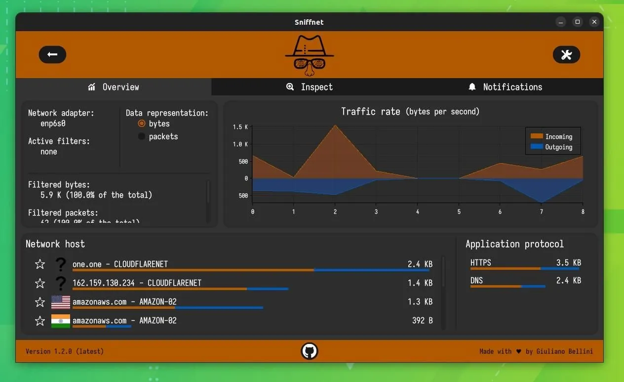 a screenshot of sniffnet running on linux