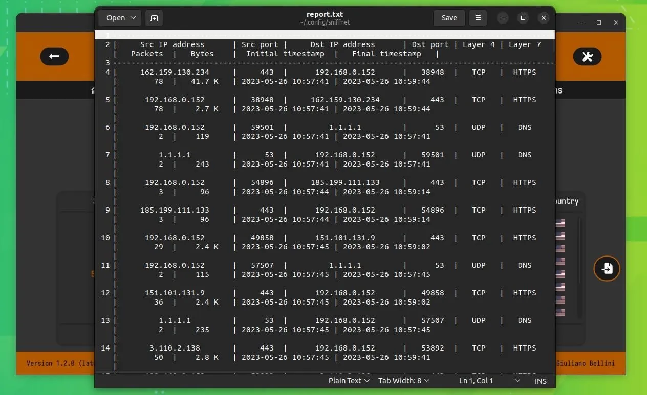 a screenshot of the connection report functionality on sniffnet
