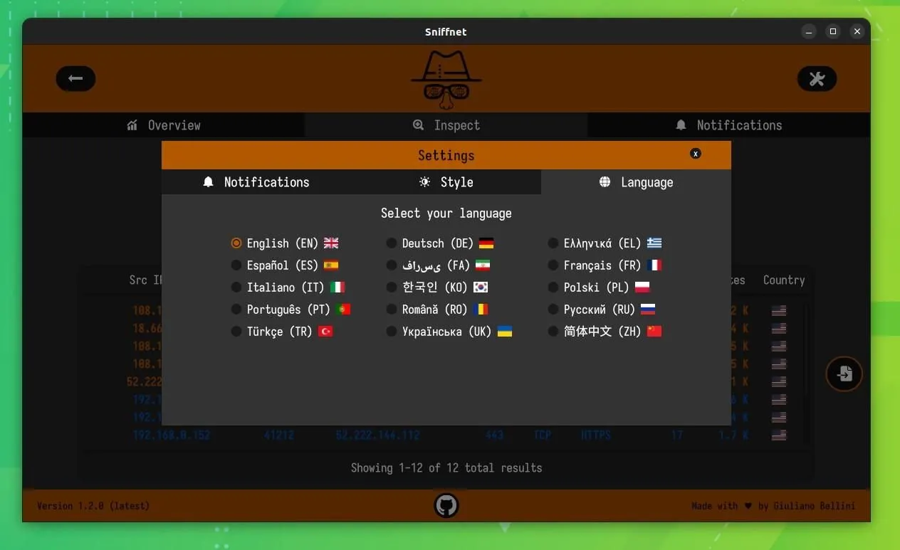 a screenshot of the language settings on sniffnet