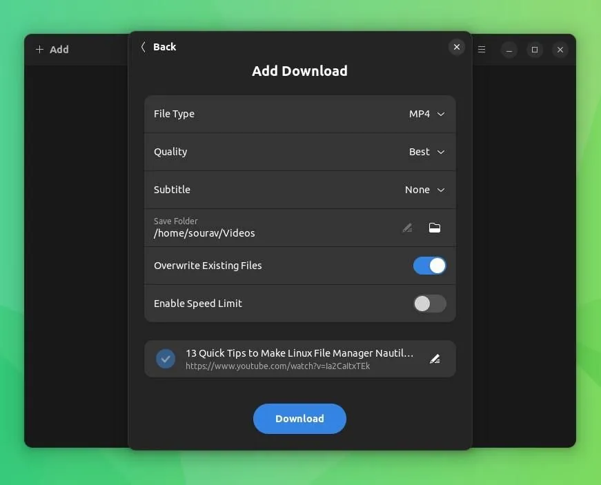 a screenshot of the download options on tube downloader