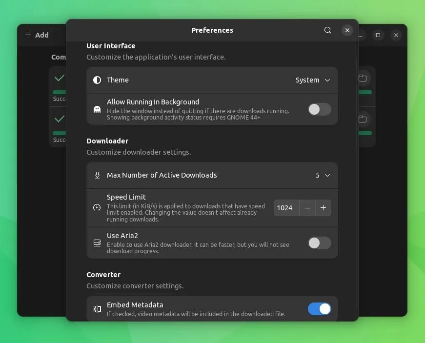 a screenshot of the preferences menu of tube downloader