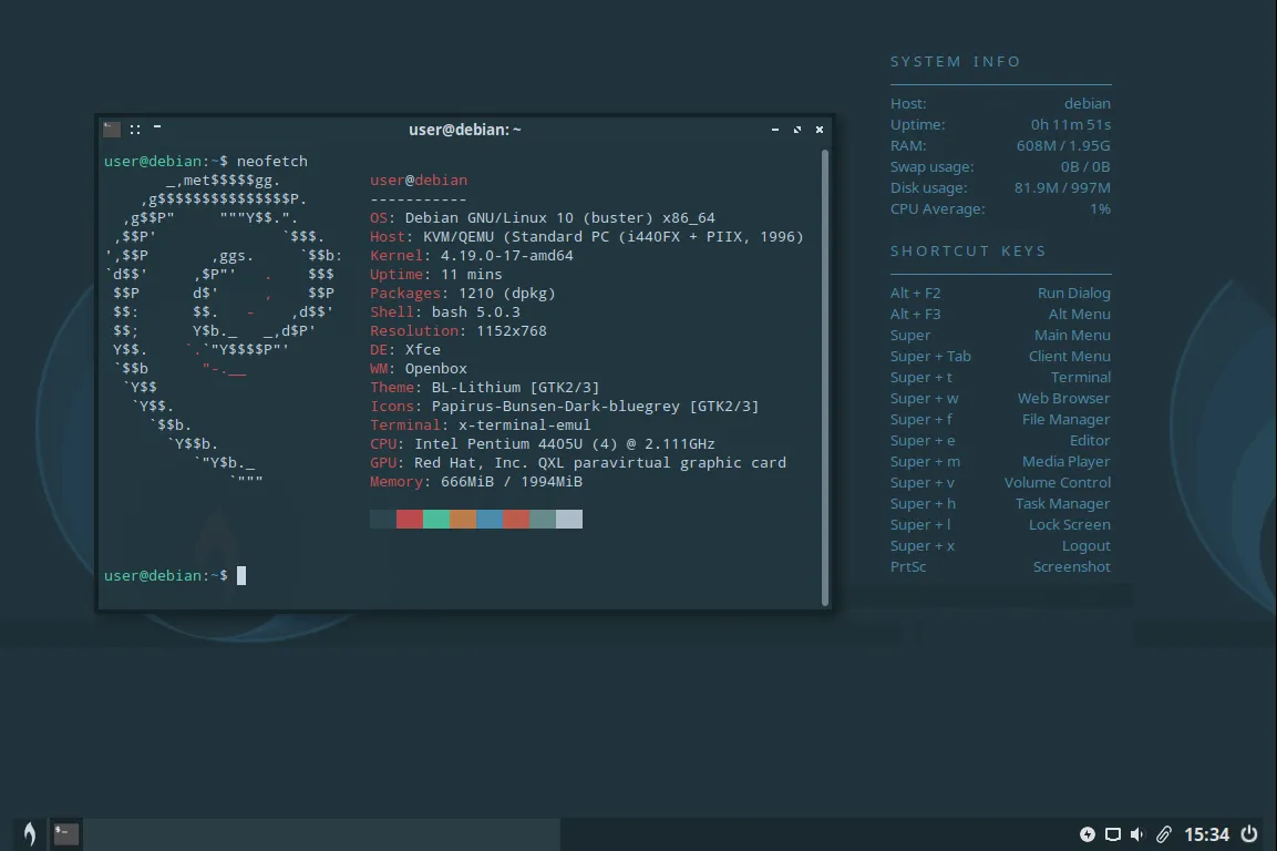 bunsenlabs live media with neofetch open in terminal