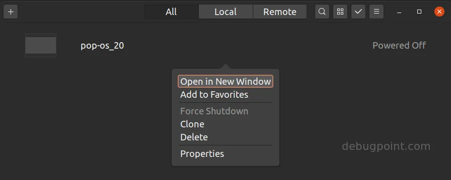 Context menu in installed virtual machine